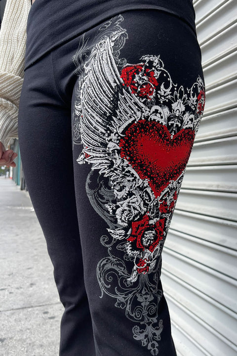 Y2K McBling Red Heart Graphic Rhinestone Print Fold-Over Flare Pants