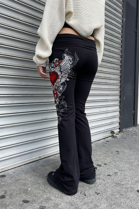 Y2K McBling Red Heart Graphic Rhinestone Print Fold-Over Flare Pants
