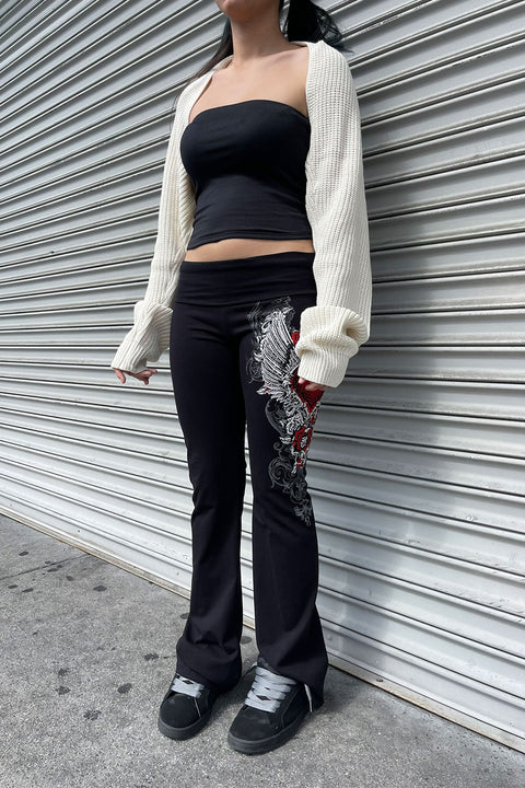 Y2K McBling Red Heart Graphic Rhinestone Print Fold-Over Flare Pants