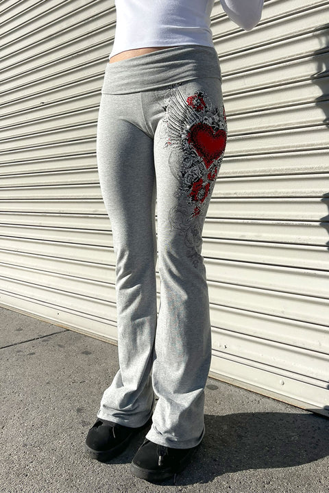 Y2K McBling Red Heart Graphic Rhinestone Print Fold-Over Flare Pants