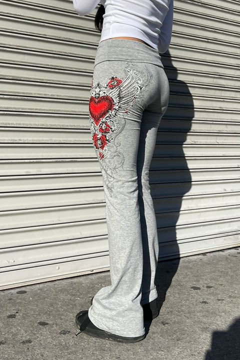 Y2K McBling Red Heart Graphic Rhinestone Print Fold-Over Flare Pants