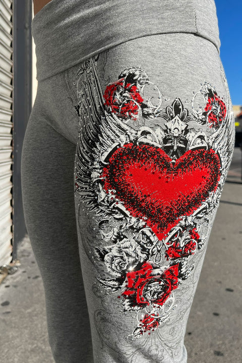Y2K McBling Red Heart Graphic Rhinestone Print Fold-Over Flare Pants