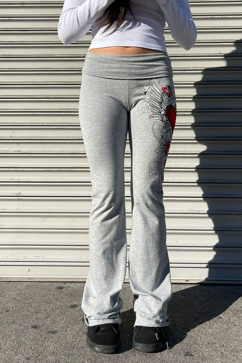 Y2K McBling Red Heart Graphic Rhinestone Print Fold-Over Flare Pants