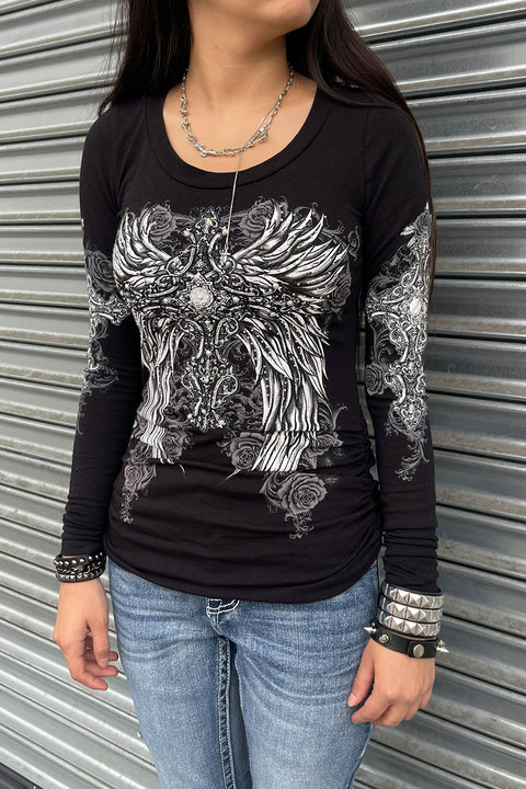Y2K McBling Wing & Rose Graphic Rhinestone Print Side Shirred Long Sleeve T-Shirt
