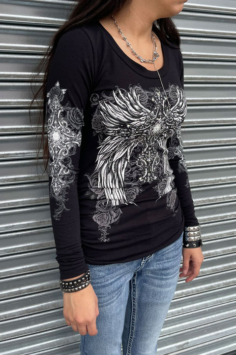 Y2K McBling Wing & Rose Graphic Rhinestone Print Side Shirred Long Sleeve T-Shirt