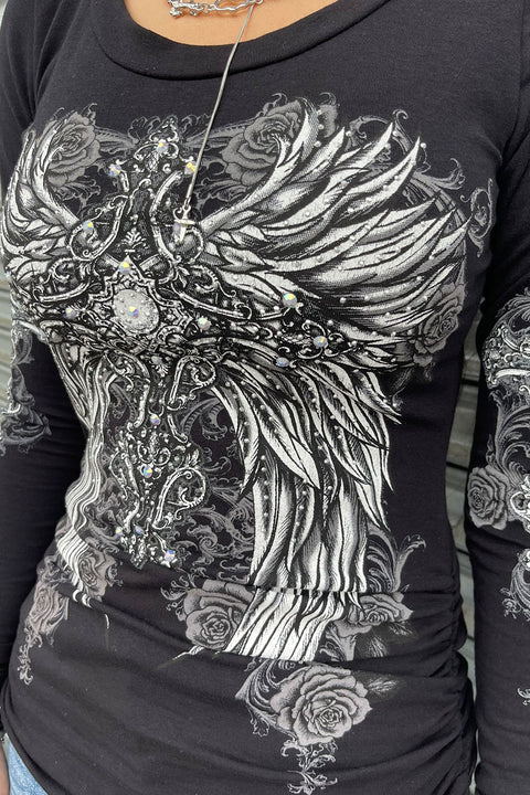 Y2K McBling Wing & Rose Graphic Rhinestone Print Side Shirred Long Sleeve T-Shirt