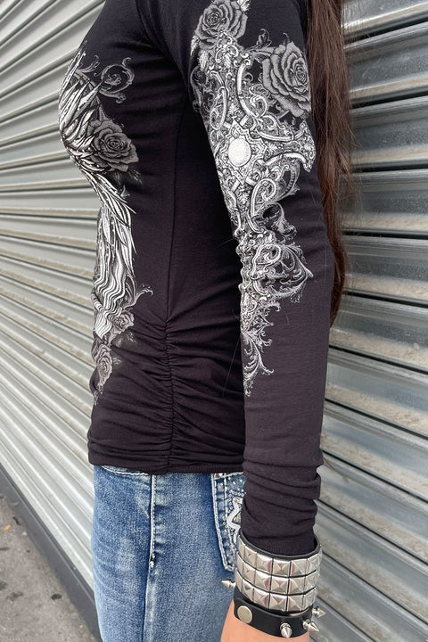 Y2K McBling Wing & Rose Graphic Rhinestone Print Side Shirred Long Sleeve T-Shirt