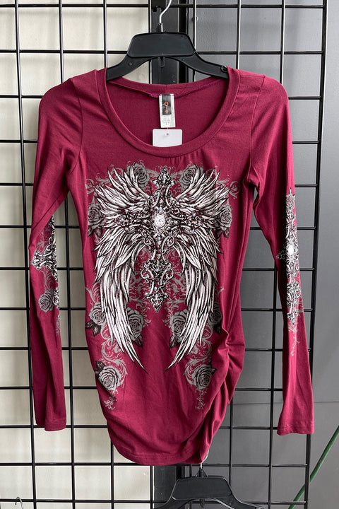 Y2K McBling Wing & Rose Graphic Rhinestone Print Side Shirred Long Sleeve T-Shirt