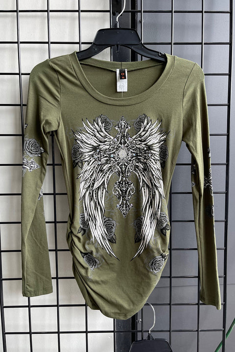 Y2K McBling Wing & Rose Graphic Rhinestone Print Side Shirred Long Sleeve T-Shirt
