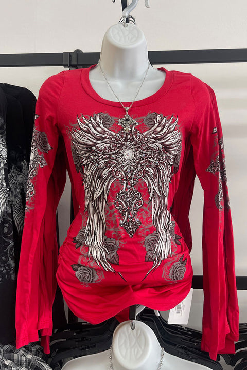 Y2K McBling Wing & Rose Graphic Rhinestone Print Side Shirred Long Sleeve T-Shirt