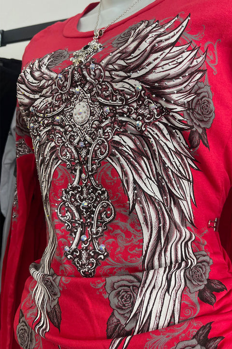 Y2K McBling Wing & Rose Graphic Rhinestone Print Side Shirred Long Sleeve T-Shirt