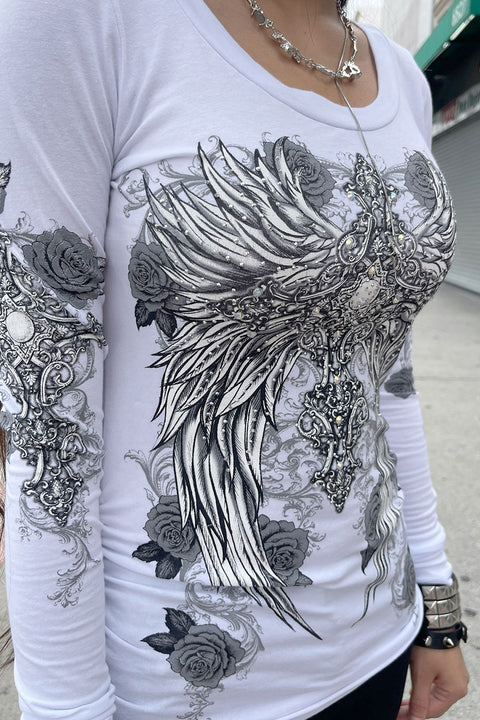 Y2K McBling Wing & Rose Graphic Rhinestone Print Side Shirred Long Sleeve T-Shirt