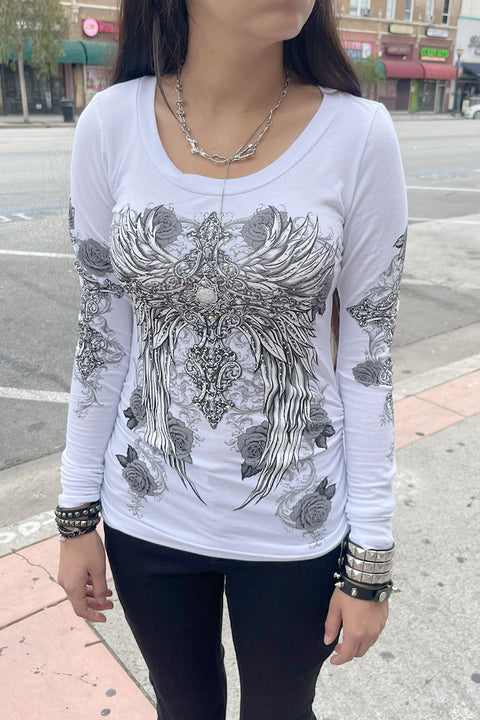 Y2K McBling Wing & Rose Graphic Rhinestone Print Side Shirred Long Sleeve T-Shirt