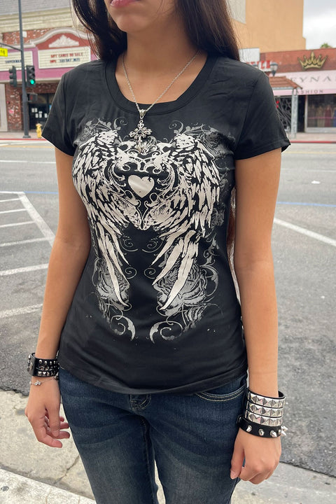 Y2K Grunge Wing & Heart Graphic Print Short Sleeve T-Shirt