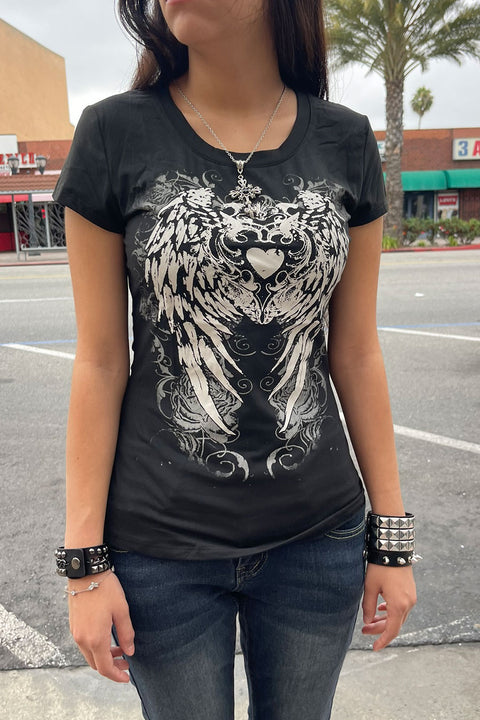 Y2K Grunge Wing & Heart Graphic Print Short Sleeve T-Shirt