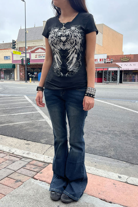 Y2K Grunge Wing & Heart Graphic Print Short Sleeve T-Shirt