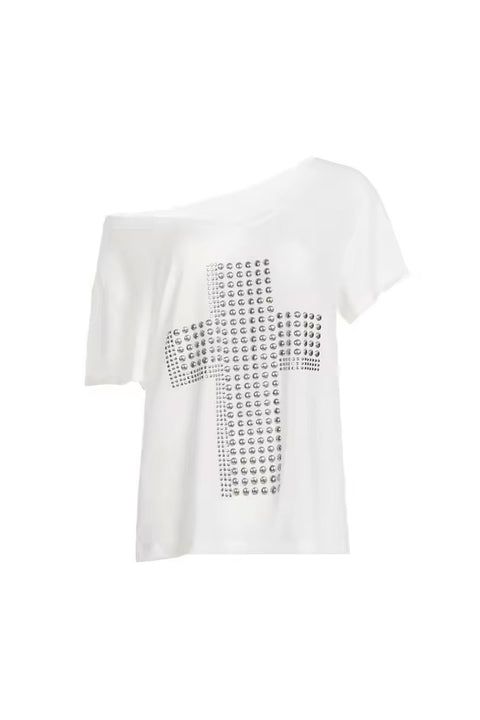 Y2K Grunge Metal Stud Cross Print Wide V-Neck Short Sleeve Oversized T-Shirt