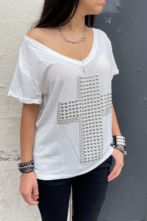 Y2K Grunge Metal Stud Cross Print Wide V-Neck Short Sleeve Oversized T-Shirt