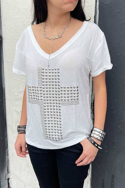 Y2K Grunge Metal Stud Cross Print Wide V-Neck Short Sleeve Oversized T-Shirt