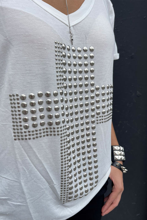 Y2K Grunge Metal Stud Cross Print Wide V-Neck Short Sleeve Oversized T-Shirt