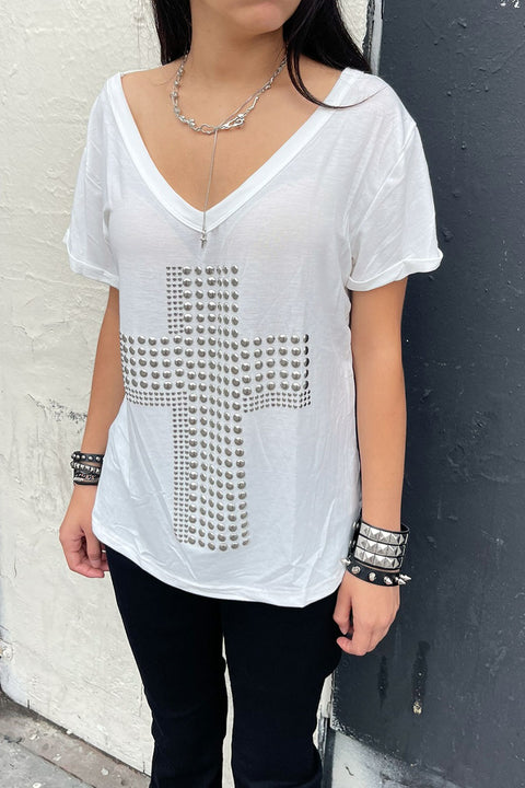 Y2K Grunge Metal Stud Cross Print Wide V-Neck Short Sleeve Oversized T-Shirt
