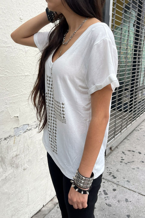 Y2K Grunge Metal Stud Cross Print Wide V-Neck Short Sleeve Oversized T-Shirt