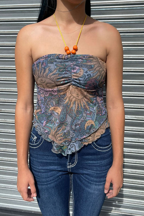 Y2K Bohemian Mesh Print Ruched Tube Halter Top with Beaded Neck Tie