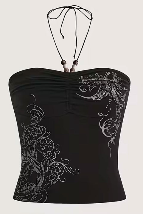 Y2K Tattoo Print Ruched Tube Halter Top with Beaded Neck Tie