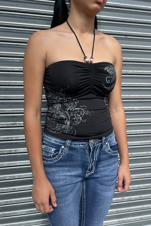 Y2K Tattoo Print Ruched Tube Halter Top with Beaded Neck Tie