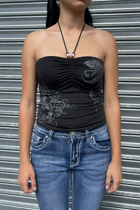 Y2K Tattoo Print Ruched Tube Halter Top with Beaded Neck Tie