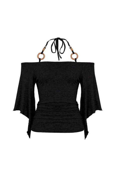 Y2K Off-The-Shoulder Flowy Sleeve Top with O-Ring Beaded Neck Tie