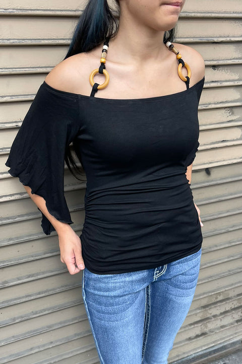 Y2K Off-The-Shoulder Flowy Sleeve Top with O-Ring Beaded Neck Tie