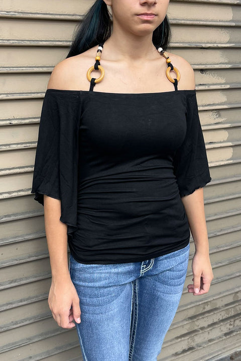Y2K Off-The-Shoulder Flowy Sleeve Top with O-Ring Beaded Neck Tie