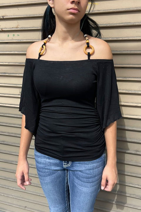 Y2K Off-The-Shoulder Flowy Sleeve Top with O-Ring Beaded Neck Tie