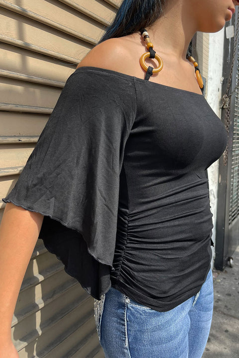 Y2K Off-The-Shoulder Flowy Sleeve Top with O-Ring Beaded Neck Tie