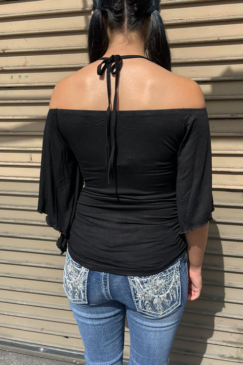 Y2K Off-The-Shoulder Flowy Sleeve Top with O-Ring Beaded Neck Tie