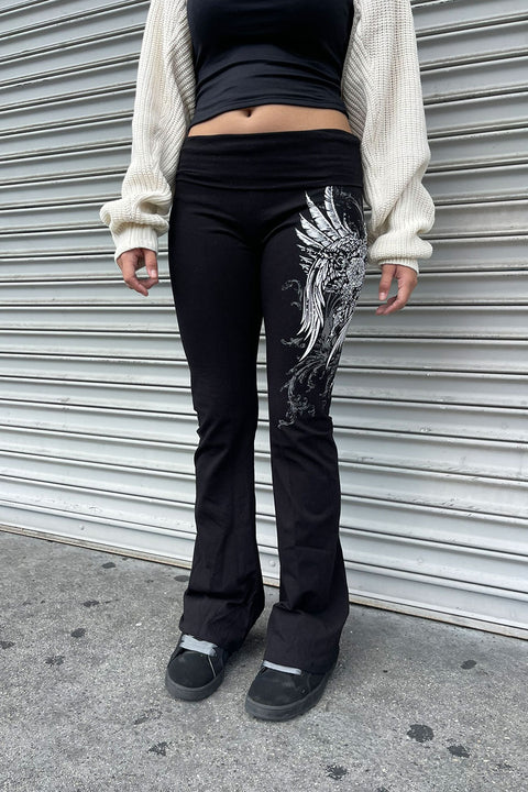 Y2K McBling Pierce Cross & Wing Graphic Rhinestone Print Fold-Over Flare Pants