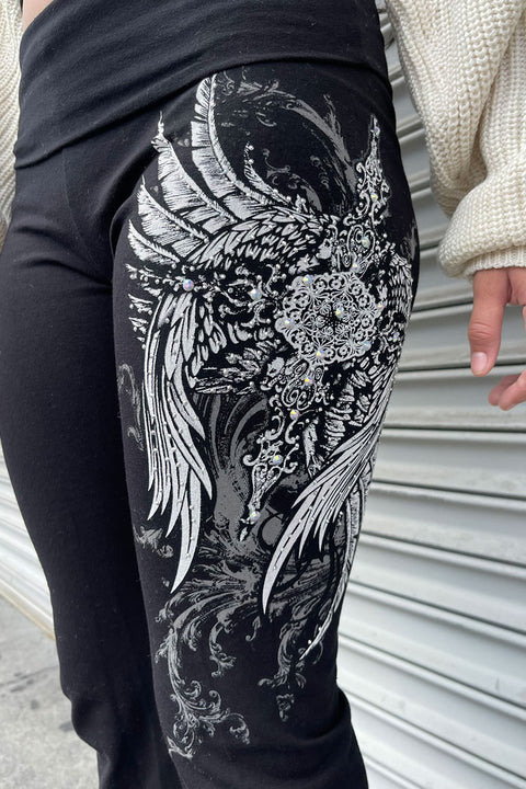 Y2K McBling Pierce Cross & Wing Graphic Rhinestone Print Fold-Over Flare Pants