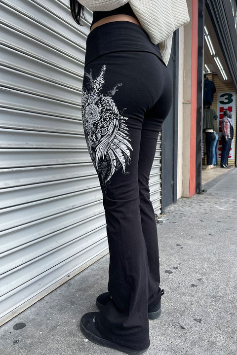 Y2K McBling Pierce Cross & Wing Graphic Rhinestone Print Fold-Over Flare Pants