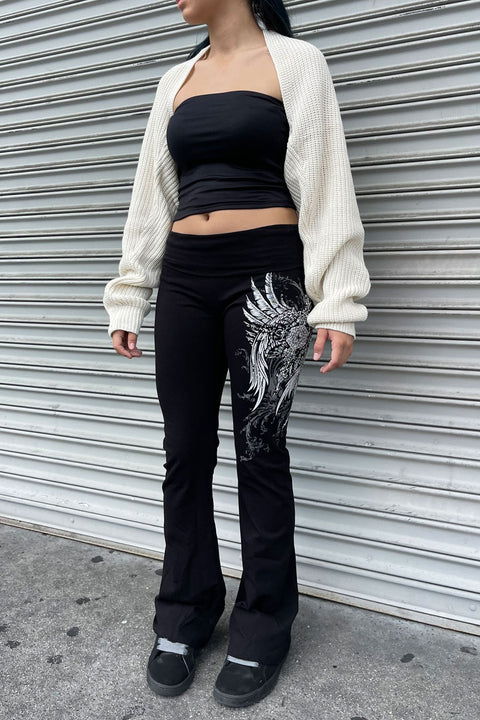 Y2K McBling Pierce Cross & Wing Graphic Rhinestone Print Fold-Over Flare Pants