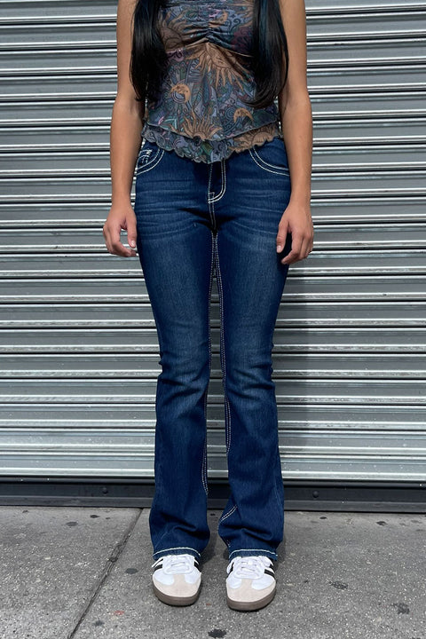 2000s Style Chrome hearts Cross Rhinestone Bling Back Pocket Bootcut Jean with Good Stretch