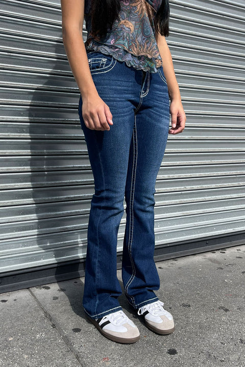 2000s Style Chrome hearts Cross Rhinestone Bling Back Pocket Bootcut Jean with Good Stretch
