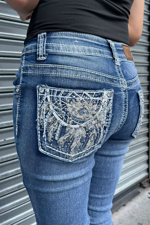 2000s Style Floral Dreamcatcher Embroidered Rhinestone Bling Back Pocket Bootcut Jean with Good Stretch