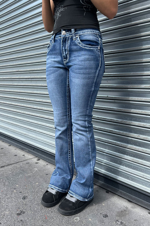 2000s Style Floral Dreamcatcher Embroidered Rhinestone Bling Back Pocket Bootcut Jean with Good Stretch