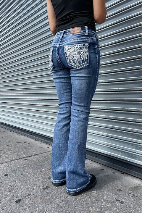 2000s Style Floral Dreamcatcher Embroidered Rhinestone Bling Back Pocket Bootcut Jean with Good Stretch
