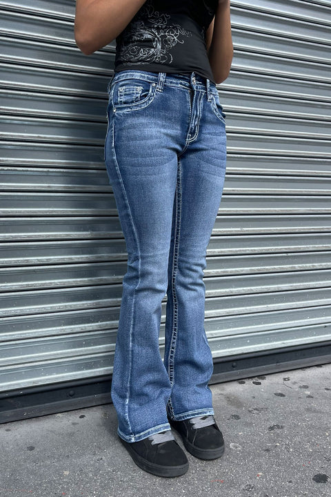2000s Style Floral Dreamcatcher Embroidered Rhinestone Bling Back Pocket Bootcut Jean with Good Stretch