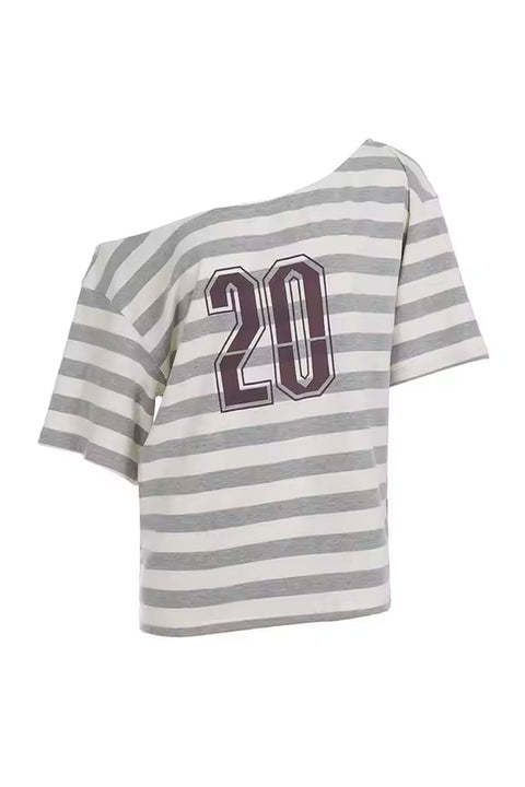 2000s Asymmetrical Off-The-Shoulder Striped Varsity Short Sleeve Oversized T-Shirt