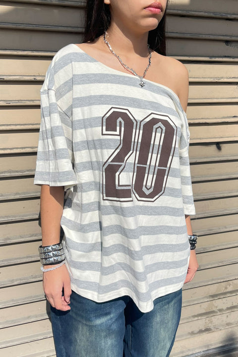 2000s Asymmetrical Off-The-Shoulder Striped Varsity Short Sleeve Oversized T-Shirt