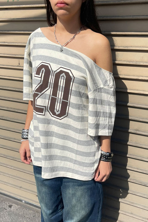 2000s Asymmetrical Off-The-Shoulder Striped Varsity Short Sleeve Oversized T-Shirt