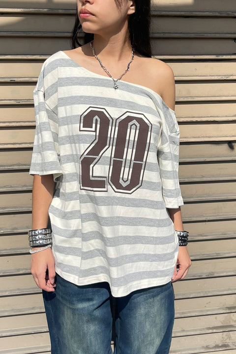 2000s Asymmetrical Off-The-Shoulder Striped Varsity Short Sleeve Oversized T-Shirt